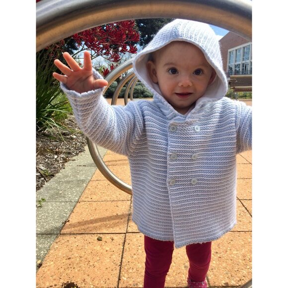 NEXT Knitted Baby Cardigan 12-18 Mos Hooded Blue Stripes Double Breasted Sweater - Picture 8 of 8